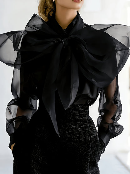 Women's Purple Sheer Chiffon Oversized Bow Neck Blouse - Elegant Fashion Long Sleeve Transparent Shirt for Date Night Party Casual Chic Top