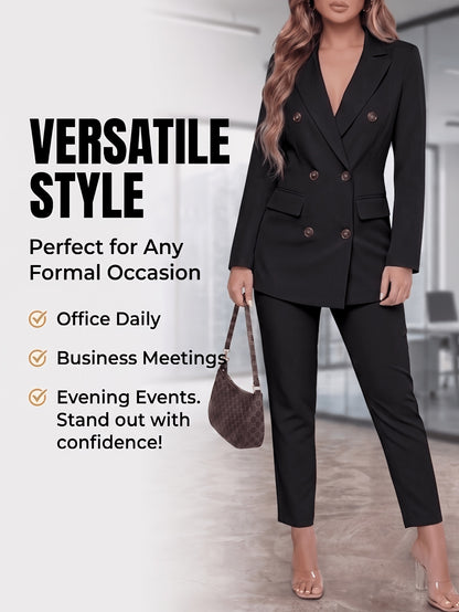 2pcss Blazer Set Pantsuit Women Double Breasted Blazer Set Formal 2pcss Pantsuit For Office Work, Long Sleeve Business Suit Slim Fit Double Breasted Suit For Business Meetings Corporate Office