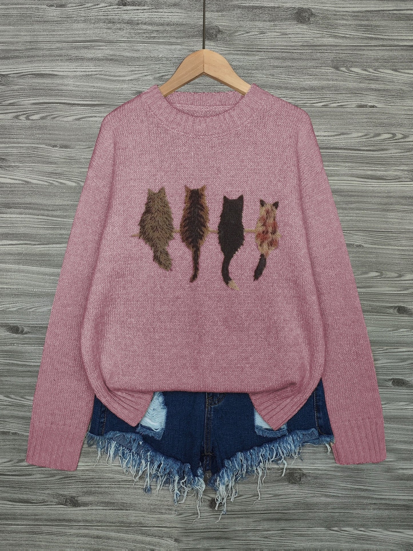 [Cozy Cat Sweater] Cozy Cable Sweater with Playful Cat Print | Women'S Beige & Brown, Loose Fit, Long Sleeve, Round Neck, Casual Spring And Autumn Top Ropa De Mujer Promotion Local Warehouse Discount
