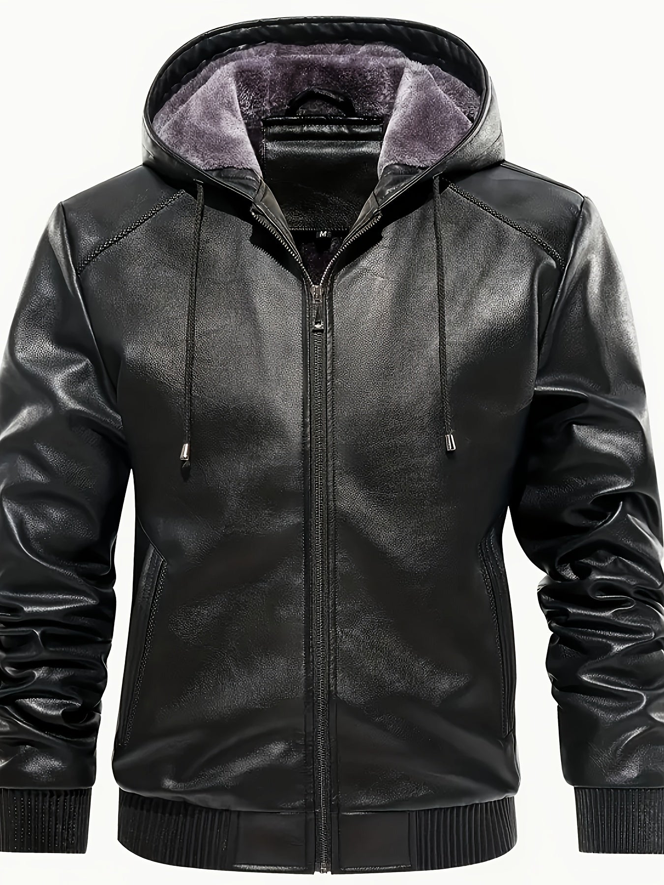 Men's Solid Color PU Faux-Leather Hooded Jackets, Trendy Thick Jacket for Spring Autumn