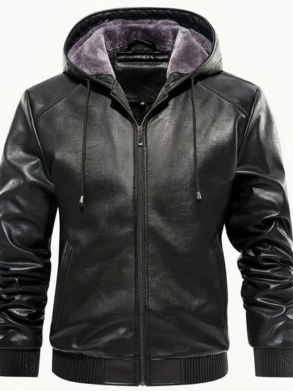 Men's Solid Color PU Faux-Leather Hooded Jackets, Trendy Thick Jacket for Spring Autumn