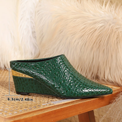 1 Pair of Wedge, Stone Pattern, Blue And Green Wedge Shoes, Large Size Easy, One Foot Pedal, Pointed Toe Deep Mouth, Four Seasons Shoes, European And American Style, Goddess Shoes, Versatile Large Size Shoes, Wedge, Women'S Shoes, Women Shoes