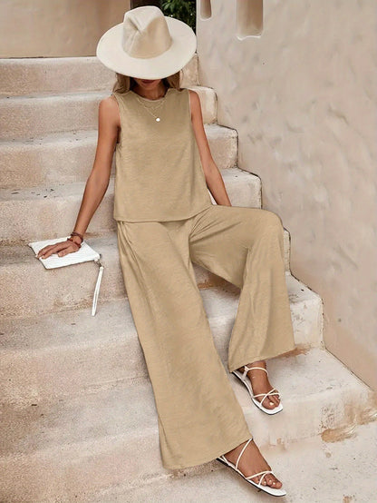 Women 2pcs Lounge Set, Crew Neck Sleeveless Tank Top Wide Leg Pants, Summer Casual Outfit for Daily, Travel Or Party