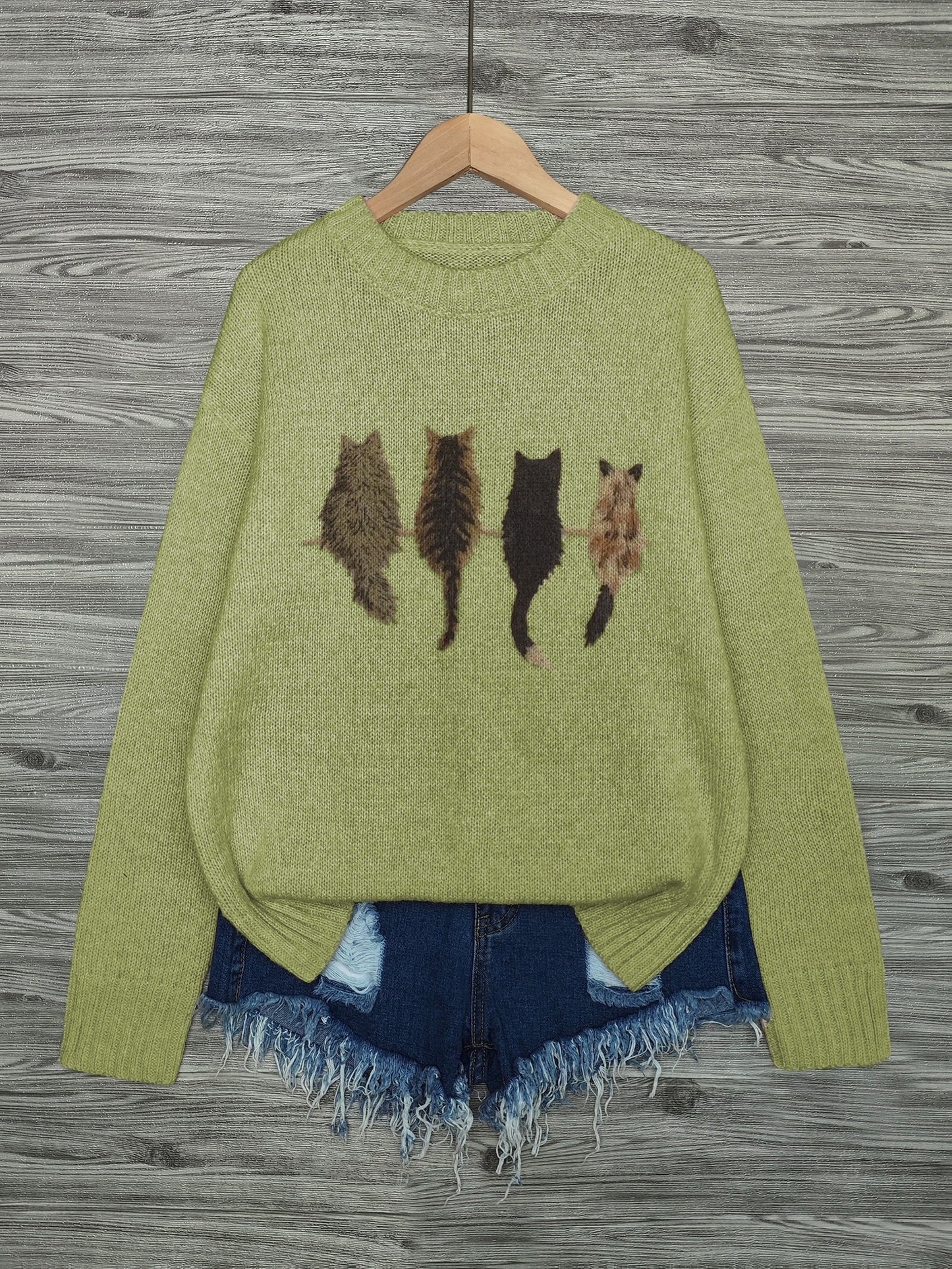 [Cozy Cat Sweater] Cozy Cable Sweater with Playful Cat Print | Women'S Beige & Brown, Loose Fit, Long Sleeve, Round Neck, Casual Spring And Autumn Top Ropa De Mujer Promotion Local Warehouse Discount
