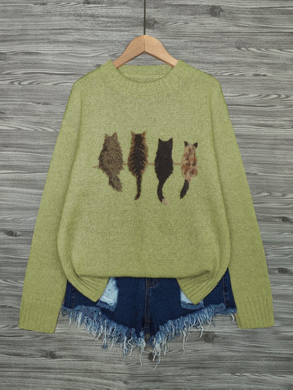 [Cozy Cat Sweater] Cozy Cable Sweater with Playful Cat Print | Women'S Beige & Brown, Loose Fit, Long Sleeve, Round Neck, Casual Spring And Autumn Top Ropa De Mujer Promotion Local Warehouse Discount