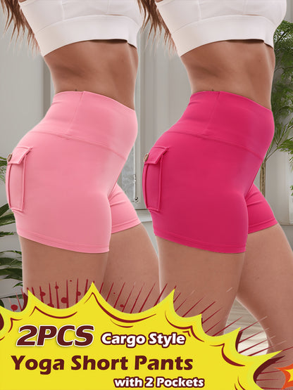 2pcs High Stretch Elastic Waist Cargo Shorts - Women's Shaping, Hip Lifting, Quick-Drying Fitness Pants with 2 Pockets, Solid Color Short Pants Set, Track Shorts Set