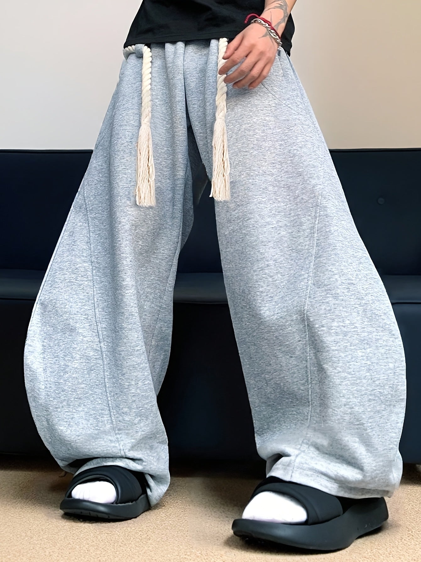 Men's Baggy Wide Leg Sweatpants with Drawstring Elastic Waist Casual Loose Fit Blend Track Pants with Pockets