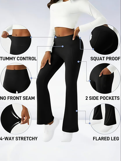 Ultra-Soft High-Waist 3pcs Women'S Flare Leggings With Side Pockets - Tummy Control, Stretchy Bootcut Pants For & Casual Wear - 4 Colors, Four Seasons, Style, Occasion