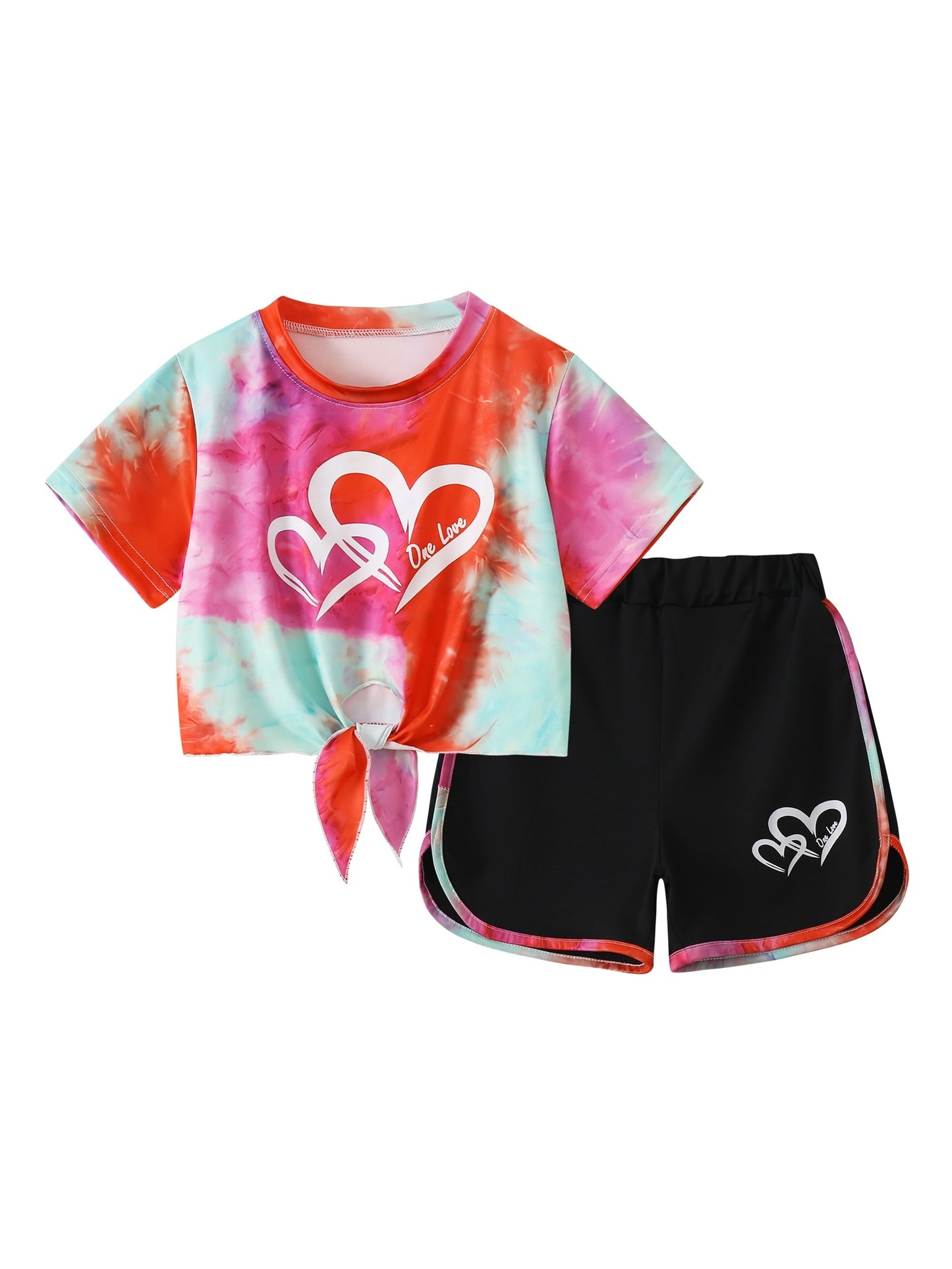 6pcs, Girls Love Print Camouflage Design Short Sleeve Athletic Shorts Summer Suit, for Outdoor