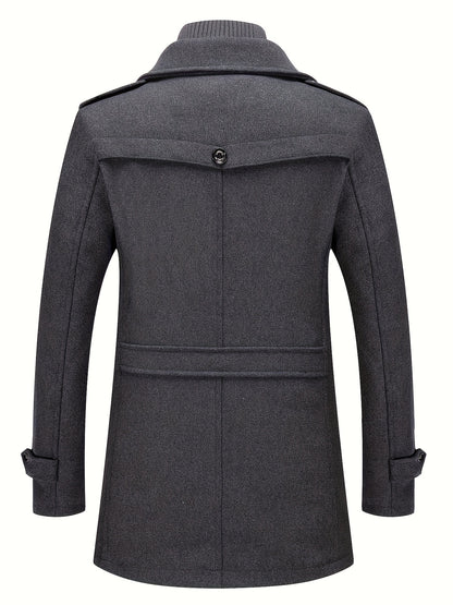 Men's Stand Collar Fleece Blend Pea Coats with Removable Inner Collar Single Breasted Overcoat