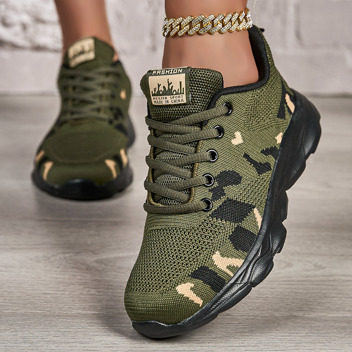 Women's Breathable Stability Support Running Shoes - Camouflage Print Fabric Upper, EVA Sole & Irregular Traction Design for Road Running, Gym, Casual Wear - All-Season Comfort, Airflow Enhancing Design, Gym & Casual Sneakers, Fitness Footwear, Sporty Sty