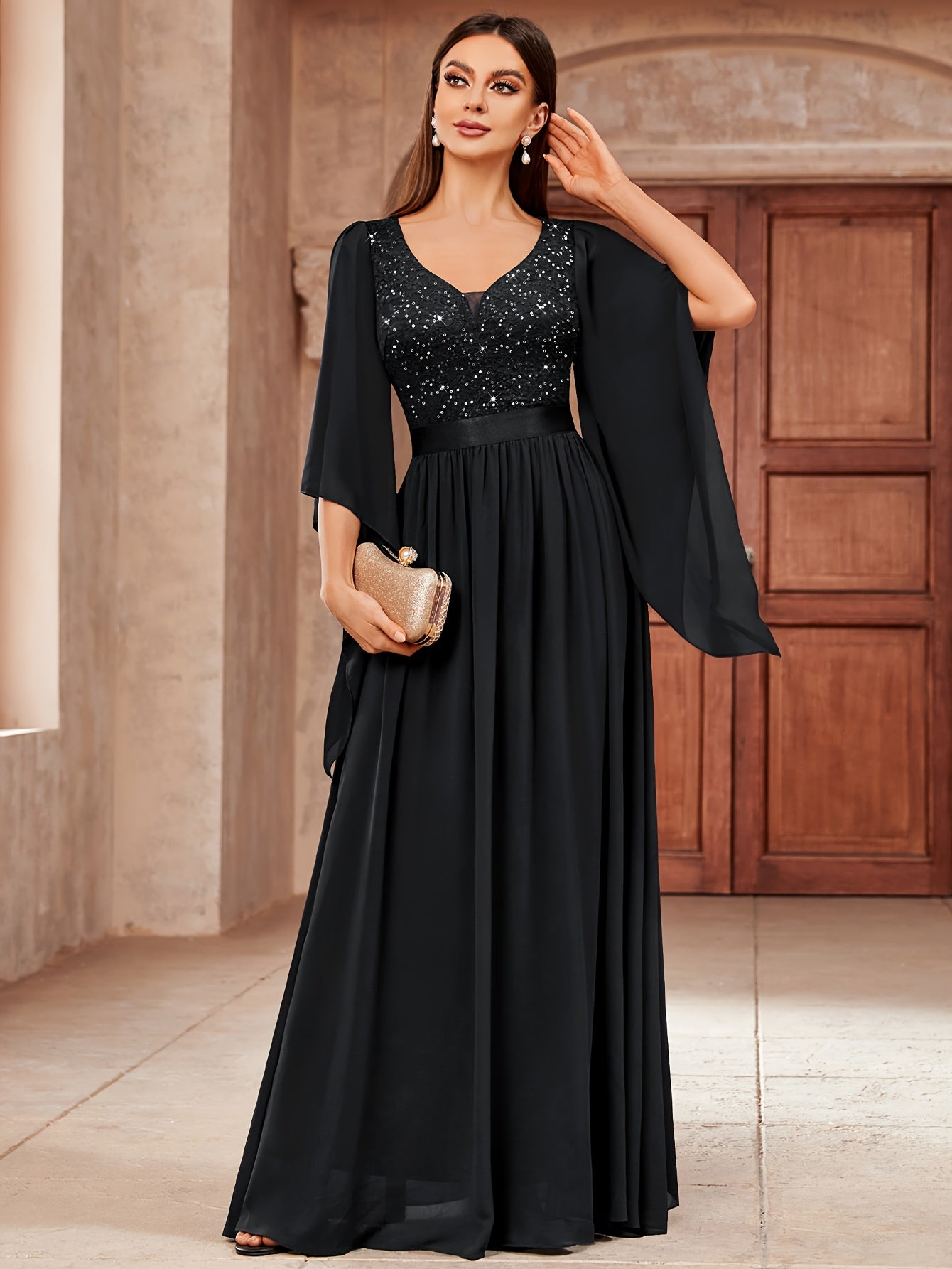 53303 Elegant Women's Lace & Sequin Bridesmaid Dress - A-Line Maxi Wedding Gown with 3/4 Bell Sleeves, V-Neck Color-Block (Bodice &), Machine Washable Bridesmaids Gown for Weddings, Parties, Prom