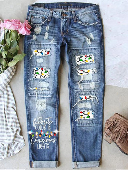 Women'S Distressed Jeans with Patch Printing, Featuring a Cartoon Mouse Pattern Patchwork, a Retro Vintage Style, And "Cartoon Mouse" Printed on The Cuffs