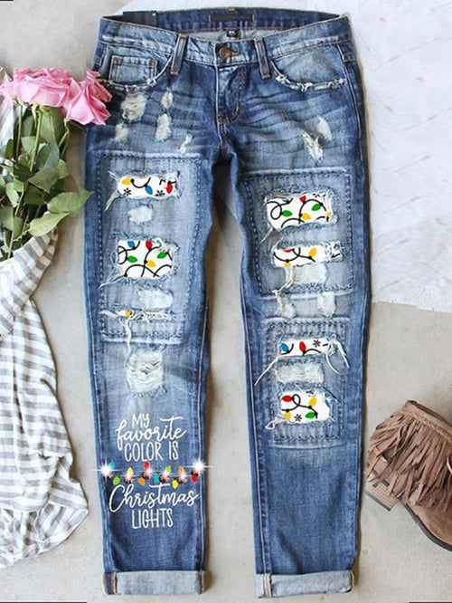 Women'S Distressed Jeans with Patch Printing, Featuring a Cartoon Mouse Pattern Patchwork, a Retro Vintage Style, And "Cartoon Mouse" Printed on The Cuffs