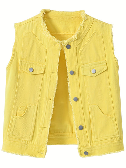 Women's Candy Color Sleeveless Denim Vest Button Jean Waistcoat Collarless Jacket Tassel Design Vest for Women