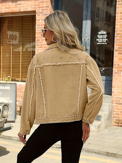 Women's Long Sleeve Rivet Studded Denim Jacket Casual Washed Pearl Short Jean Coat