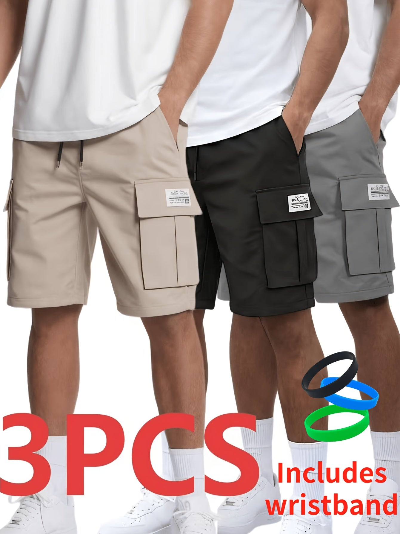 3-Pack Men'S Cargo Shorts, Solid Color Camouflage Series, Casual Athletic Shorts - Multi-Pocket Ripstop, Adjustable Waist (Black, Gray, Khaki) - Outdoor & Travel