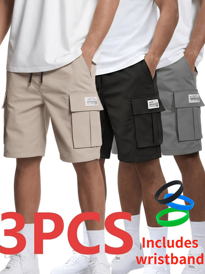 3-Pack Men'S Cargo Shorts, Solid Color Camouflage Series, Casual Athletic Shorts - Multi-Pocket Ripstop, Adjustable Waist (Black, Gray, Khaki) - Outdoor & Travel