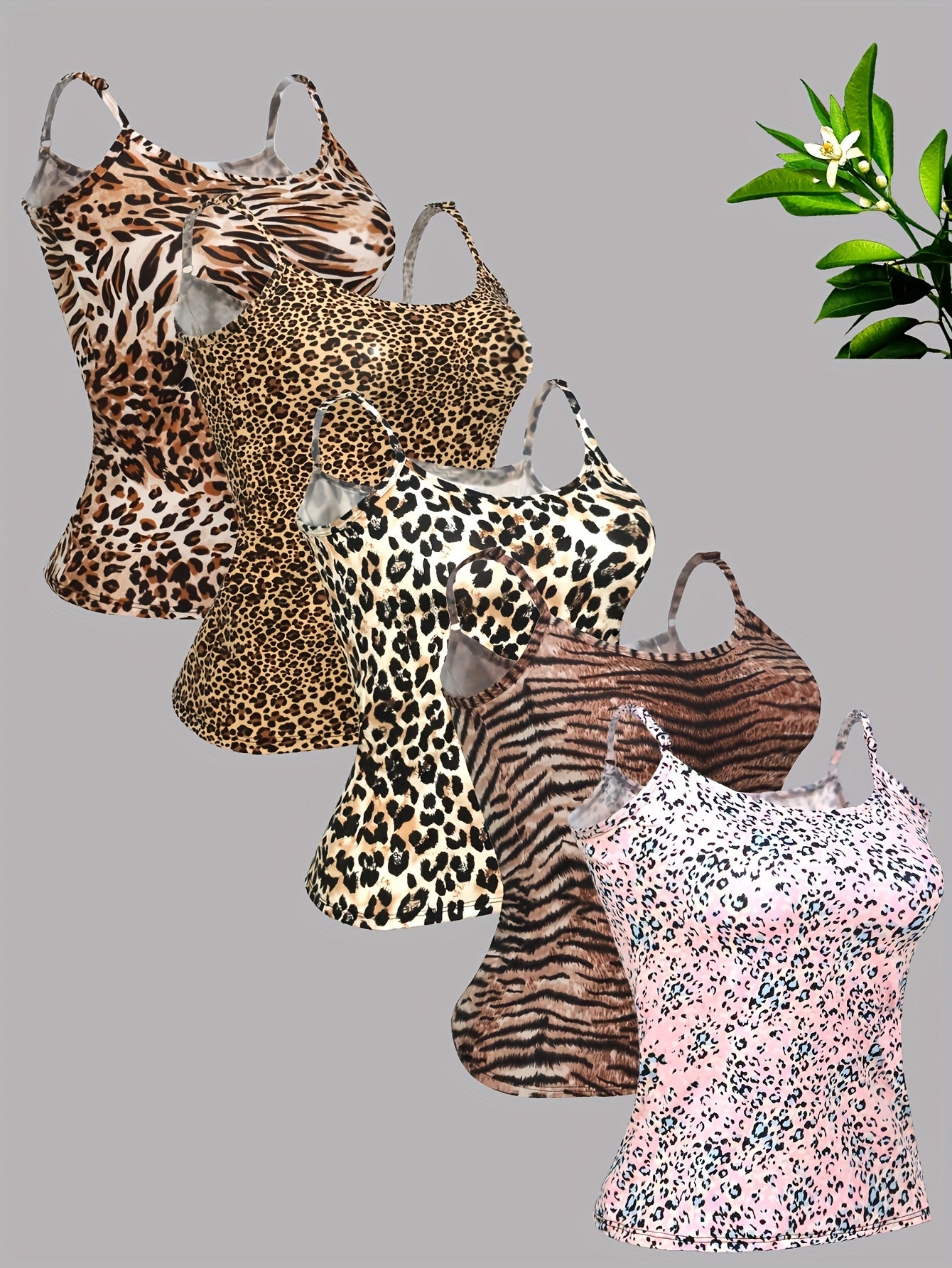 5pcs Set Of Summer Sexy Leopard Print Camisoles for Outerwear And Innerwear, Top And Base Shirt