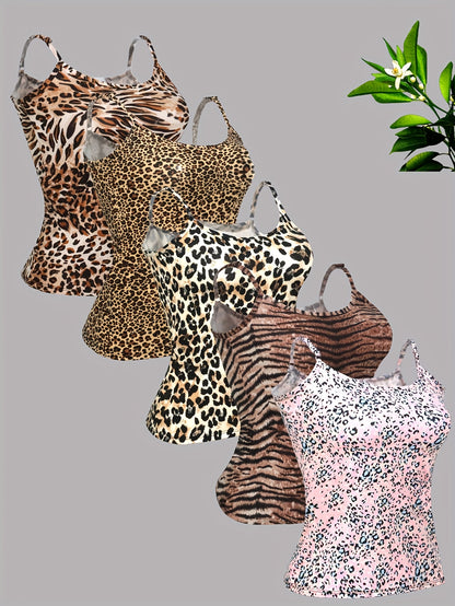5pcs Set Of Summer Sexy Leopard Print Camisoles for Outerwear And Innerwear, Top And Base Shirt