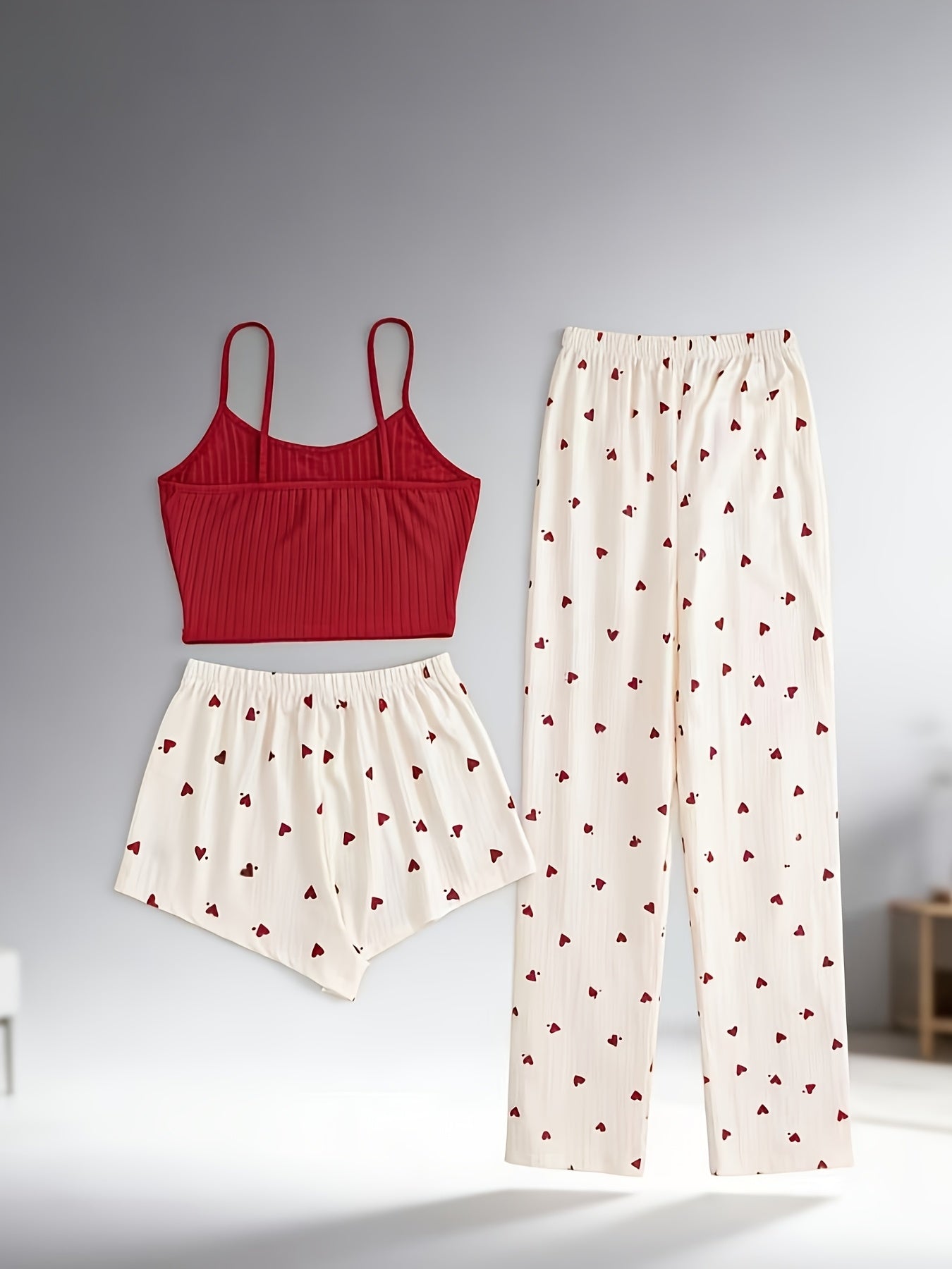 Trendy Heart Print 3pcs Pajama Set - Casual Cami, Shorts & Pants Loungewear for Sleep, Lounge & Daily Wear