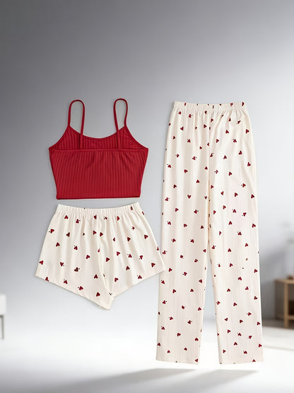 Trendy Heart Print 3pcs Pajama Set - Casual Cami, Shorts & Pants Loungewear for Sleep, Lounge & Daily Wear