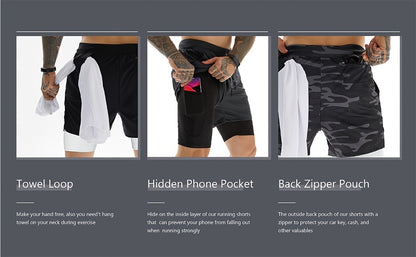 3pcs Men's 2-in-1 Double-layer Shorts with Inner Pocket, High Stretch Sports Shorts, Suitable for Summer Running, Gym Exercise And Training