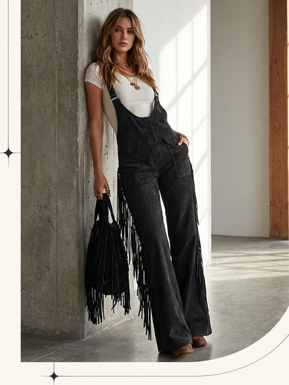Vintage Fringe Detail Overalls, Loose Wide Leg Design, Fashion Youthful Casual Style, Daily Outing Travel Outfit, Versatile Multi-Occasion Wear