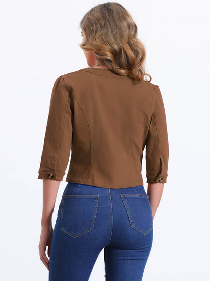 Denim Jacket for Women' S Collarless 2025 Cardigan 3/4 Sleeve Crop Jean Jackets
