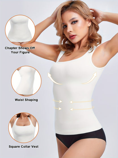 [2pcs Tummy Control Shapewear] 2pcs Durable & Comfortable Tummy Control Shapewear Compression Tank Tops For Women | Seamless Square Neck Body Shaper Camisole, Breathable, Suitable For Daily Casual Wear, Shopping, Parties, Dates & Festivals