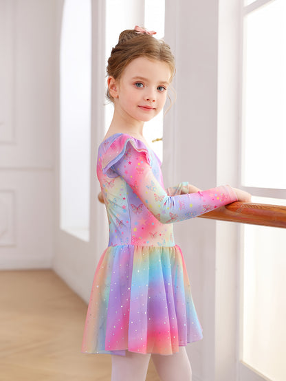 Easter Girl Clothes, Girls' Clothing, Girls' Dance Dress, Autumn And Winter Long-sleeve New Rainbow Star Pattern Tulle Dress, Sweet And Cute Sequin Chiffon Dress, Children's Ballet Dress, Leotard Tulle Dress