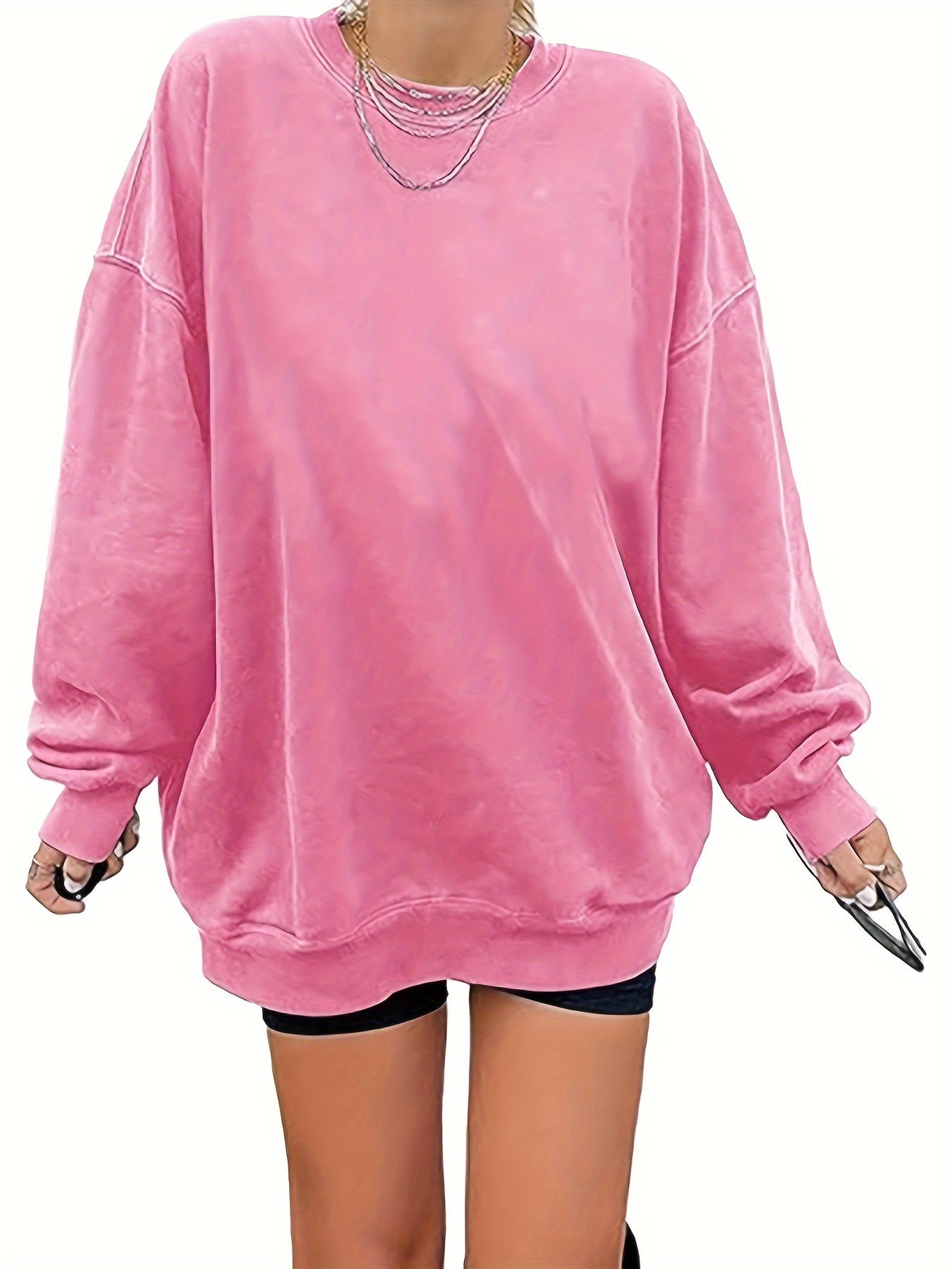 Women's Oversized Long Sleeve Sweatshirts Pure Color Round Neck Casual Pullover Shirt