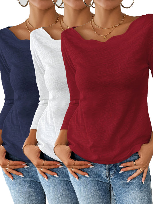 Elegant 3pcs Women'S White Long Sleeve T-Shirts with Curved Wavy Neckline - Casual & Comfy, Perfect for Spring, Summer, Fall & Halloween, Loose Fit, Shoulderless Tops