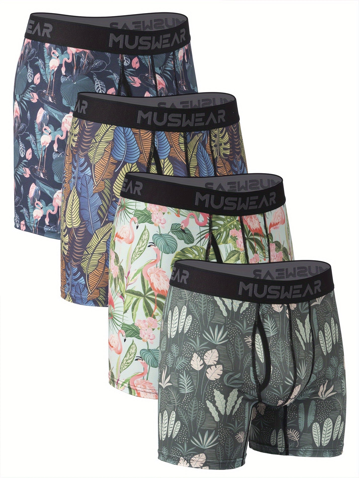 MUSWEAR Men'S Quick-Dry Boxer Briefs - Moisture-Wicking, Breathable with Side Openings, Long Style, Flamingo Print, Stretchy & Comfortable Underwear
