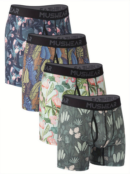 MUSWEAR Men'S Quick-Dry Boxer Briefs - Moisture-Wicking, Breathable with Side Openings, Long Style, Flamingo Print, Stretchy & Comfortable Underwear