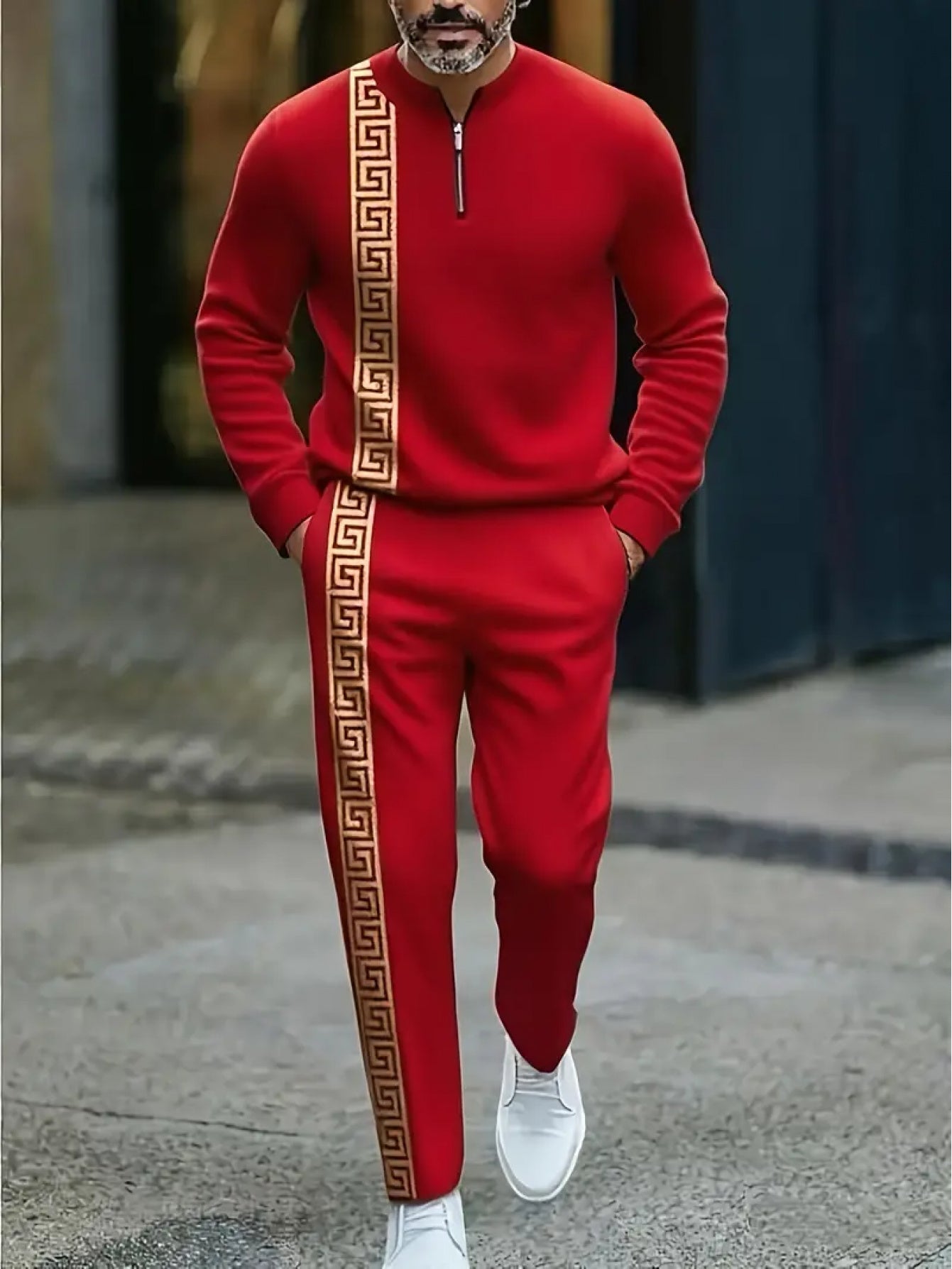 Men's Fashion Casual Zipper Stand Collar Long Sleeve Pants Set 2pcs Set, Simple Yellow and White Pattern Design, Drawstring Adjustable Elastic Waistband, Comfortable Vacation Gift Set