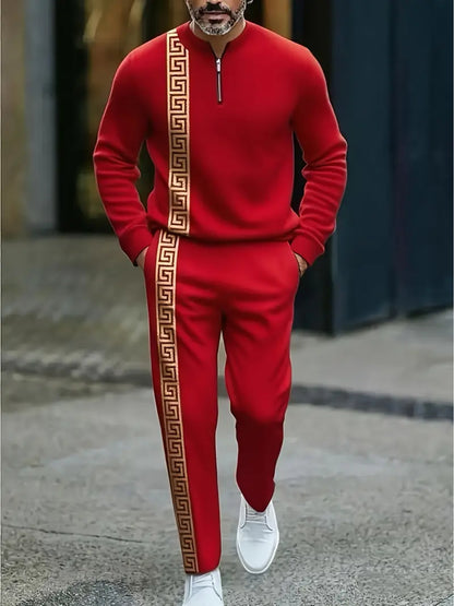 Men's Fashion Casual Zipper Stand Collar Long Sleeve Pants Set 2pcs Set, Simple Yellow and White Pattern Design, Drawstring Adjustable Elastic Waistband, Comfortable Vacation Gift Set