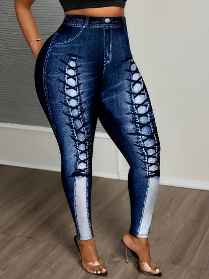 [Printed Pants - Not Denim Fabric]Plus Size - [Printed Pants - Not Denim Fabric]Plus Size - Chic Faux Denim Print Skinny Leggings for Women - Featuring Medium Stretch, Machine Washable for All Seasons
