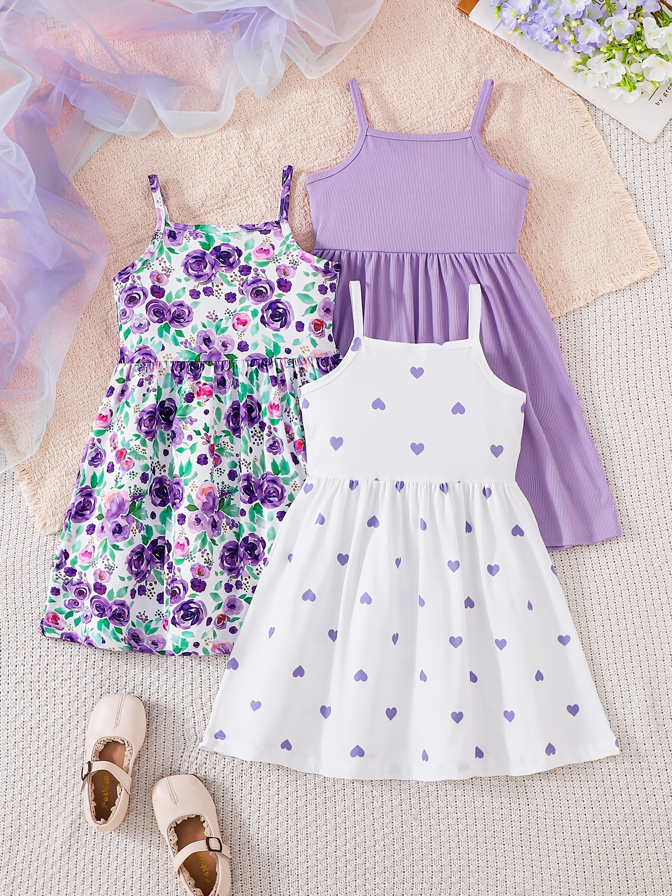 3pcs Girls' Summer Dress Strap Skirt Set | Purple Floral Print, Solid Color Style, and Heart Wave Dot Pattern - Casual Knitted Fabric, Midi Length, Sleeveless