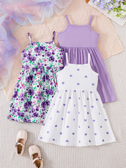 3pcs Girls' Summer Dress Strap Skirt Set | Purple Floral Print, Solid Color Style, and Heart Wave Dot Pattern - Casual Knitted Fabric, Midi Length, Sleeveless