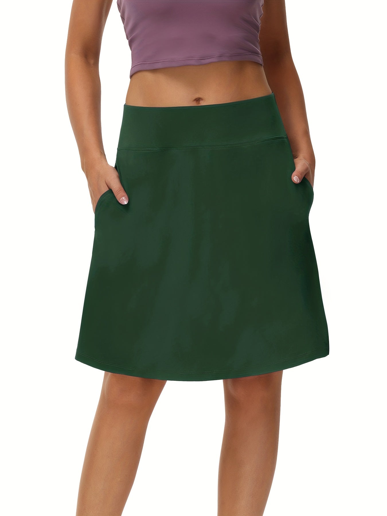 Tennis Sports Mid-Length Skorts, Soft Breathable Quick Drying Yoga Fitness Golf Skirts with Phone Pocket