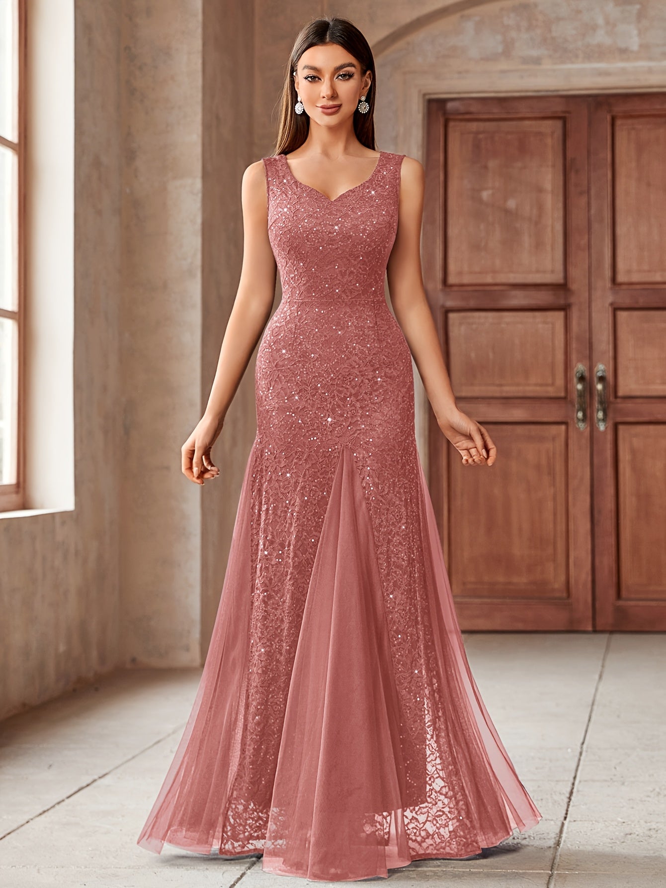 23218 Elegant Women's Sequin Lace Long Evening Bridesmaid Dress, Sweetheart Neckline Sleeveless Design with Slit Tulle Mermaid Hem, Perfect for Formal Wedding Party