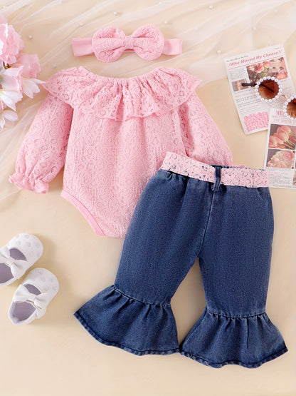 Baby Girls Clothes Fall Outfits For Girls Lace Off Shoulder Top Jeans Pant Sets Headband Belt 3pcs Newborn Infant Outfit Apricot With 3-24Months, for Outdoor