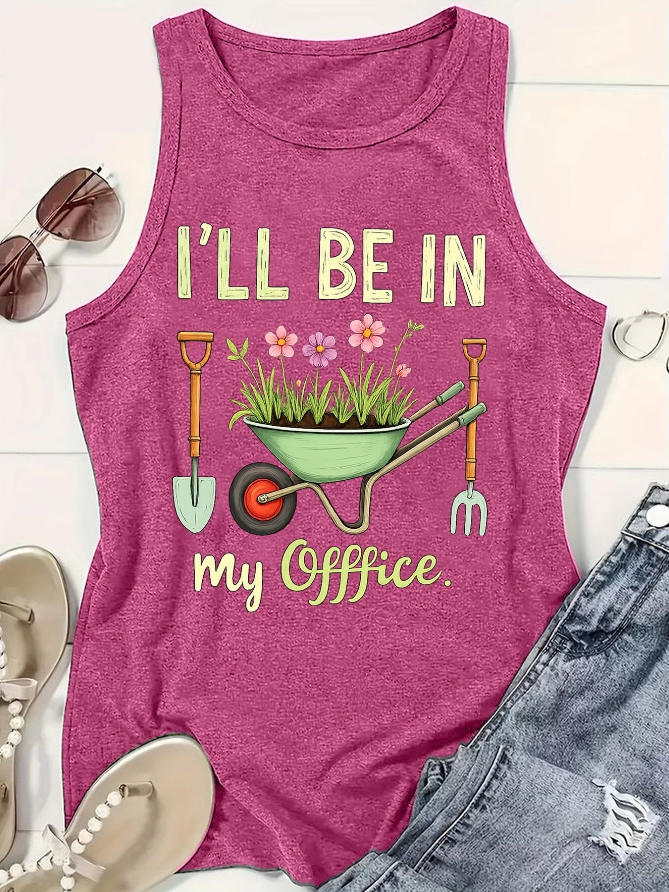 [Women's Vest Top] Sleeveless Vest, I Will Be in My Office, Garden Cart Print, Women's Casual Loose Breathable Vest Top, Beautiful Back Outdoor Lightweight T-Shirt, Fashionable Round Neck Sweatshirt for Women
