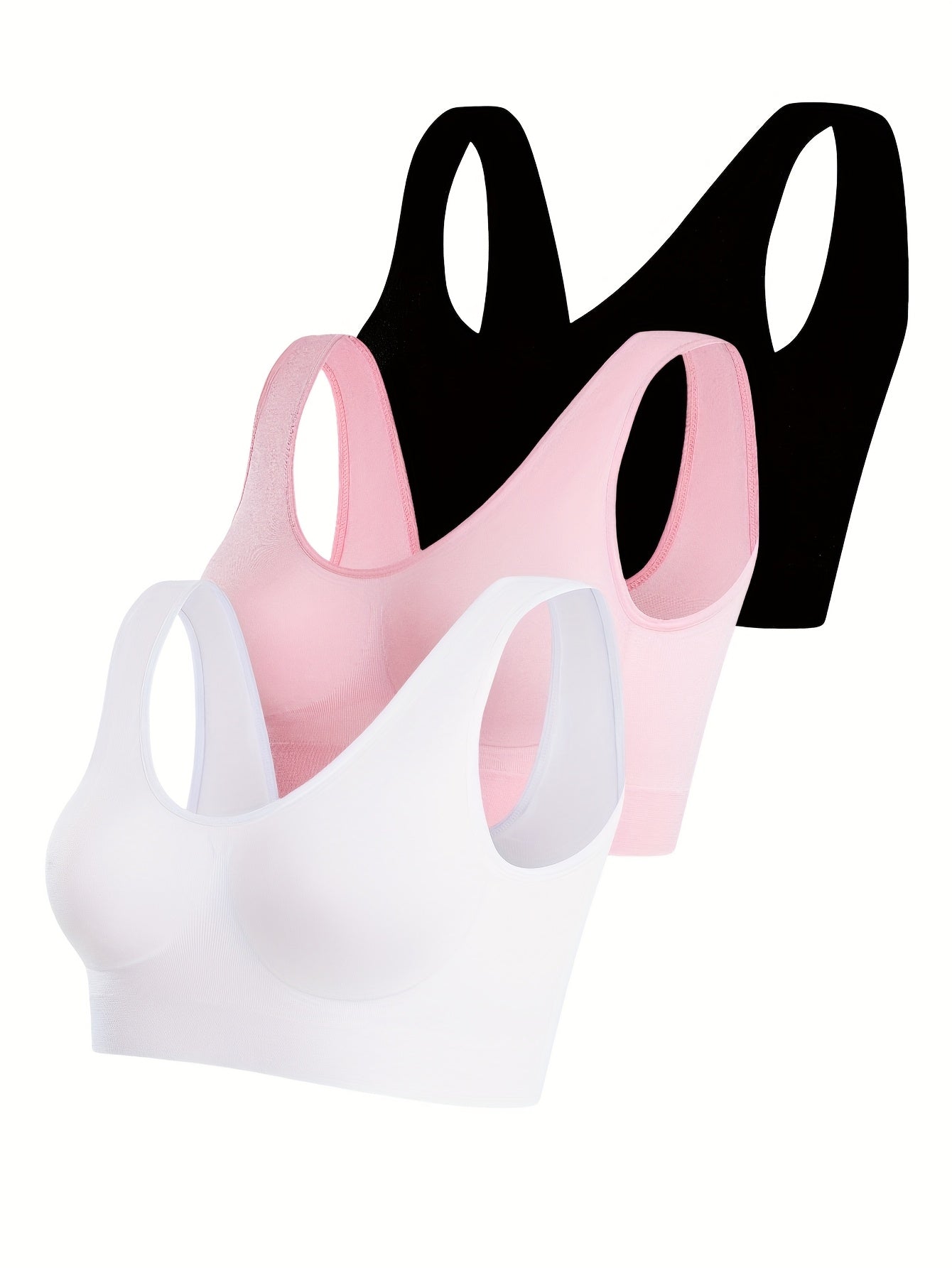 3pcs Women's Seamless Comfort Sports Bras - Thin Single-Layer No Padding Ribbed Nylon Vest Style, Elastic Breathable Backless Design for Gym, Yoga & Casual Wear (Black, White, Beige), Gym Workout Accessories, Smooth Texture Finish, Activewear Essentials,