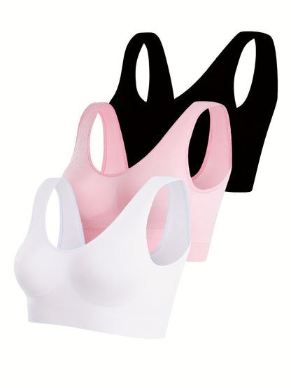3pcs Women's Seamless Comfort Sports Bras - Thin Single-Layer No Padding Ribbed Nylon Vest Style, Elastic Breathable Backless Design for Gym, Yoga & Casual Wear (Black, White, Beige), Gym Workout Accessories, Smooth Texture Finish, Activewear Essentials,