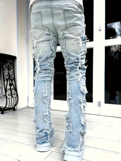 Men's Creative Tassel Decor Straight Fit Jeans, Men's Casual Mid-Rise Elastic Street Style Hip-Hop Skate Rap Jeans for All Seasons