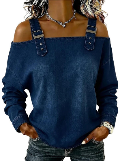 Women's Dress T-shirt with Elegant Style and Versatile Fit, Single-strap Collar, Shoulder Straps, Long-sleeved Top. Fashionable and Elegant for Women, Trendy.