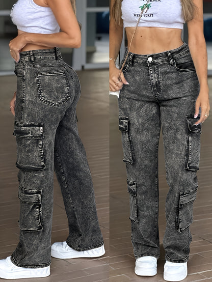 Work Pocket Straight High Waist Straight Jeans, Women's Casual Style Multi-pocket Work Jeans with Stretch And Comfort Heavy Wash Women's Jeans And Clothing