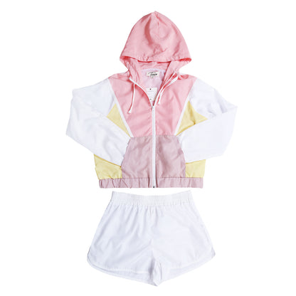 Women's 80s 90s Tracksuit 2 Piece Long Sleeve Outfits Retro Windbreaker Sport Set, Pink Yellow & White Patchwork Zip Elastic Waist Sportswear for Active Lifestyle